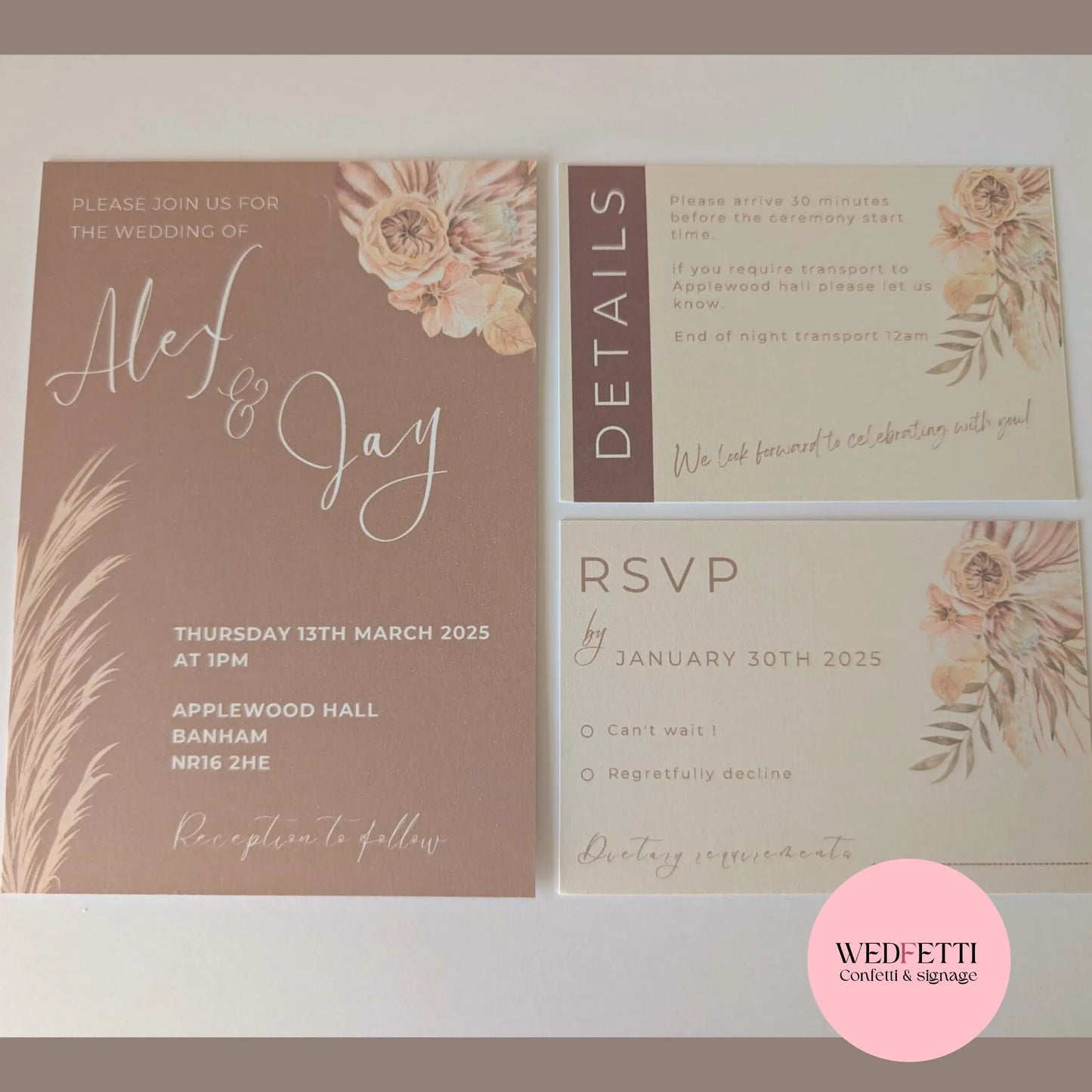 Invitation/RSVP/Details bundle 30 card pack - Neutral Boho WedFetti