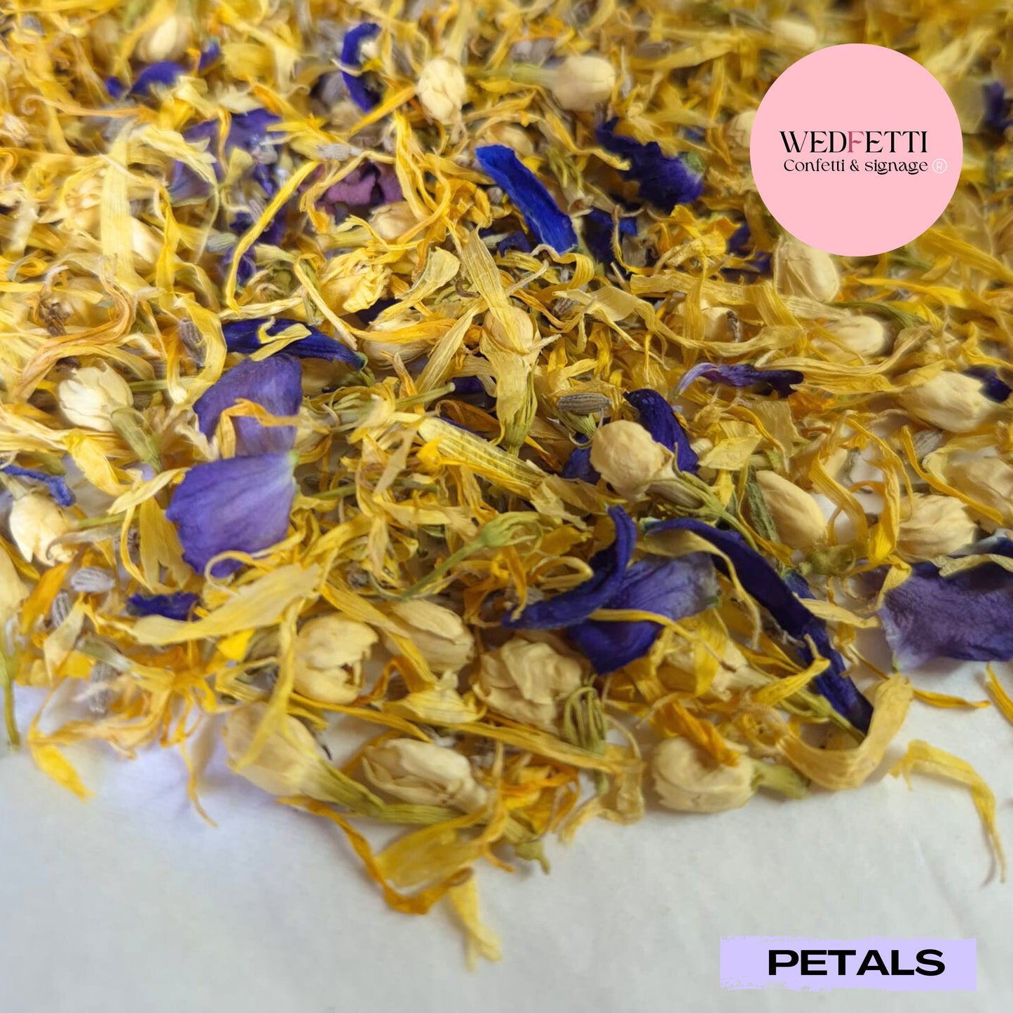 Petal Confetti Marigold Delphinium mix with jasmine buds + lavender