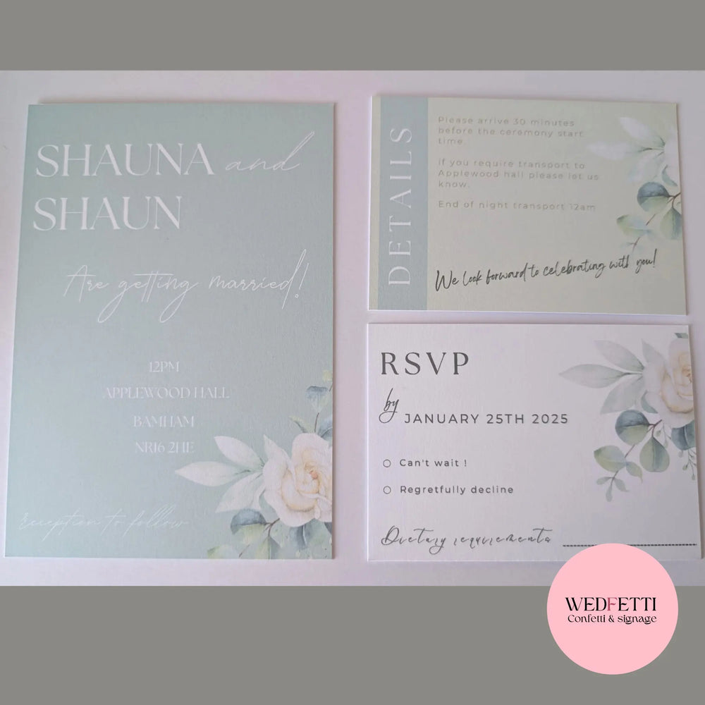 Invitation/RSVP/Details bundle 30 card pack - Classic Sage - WedFetti Confetti & Signage